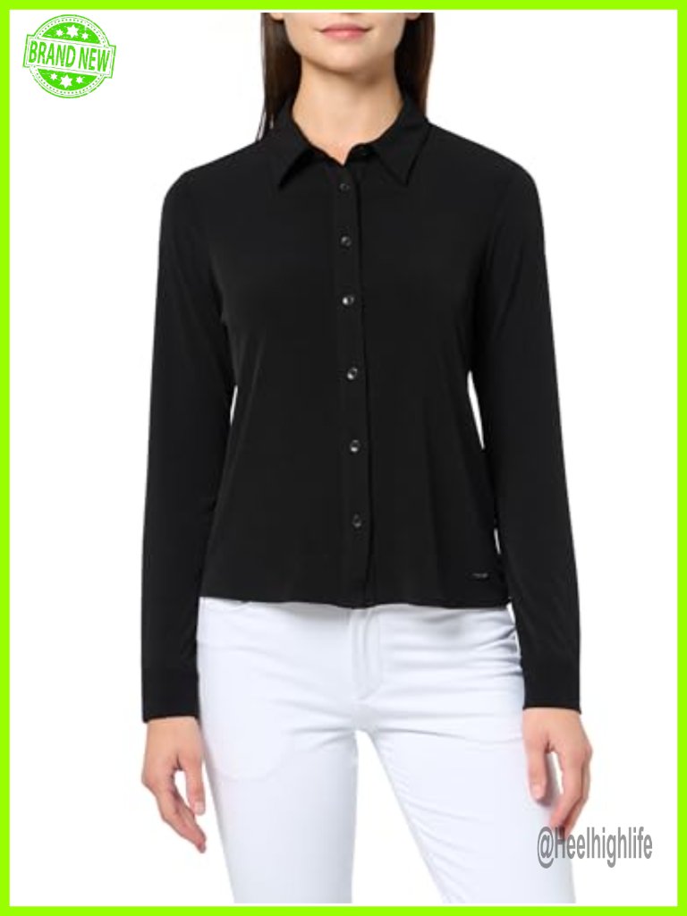 Long Sleeve Collared Jersey Blouse - Stretch Polyester Button Front